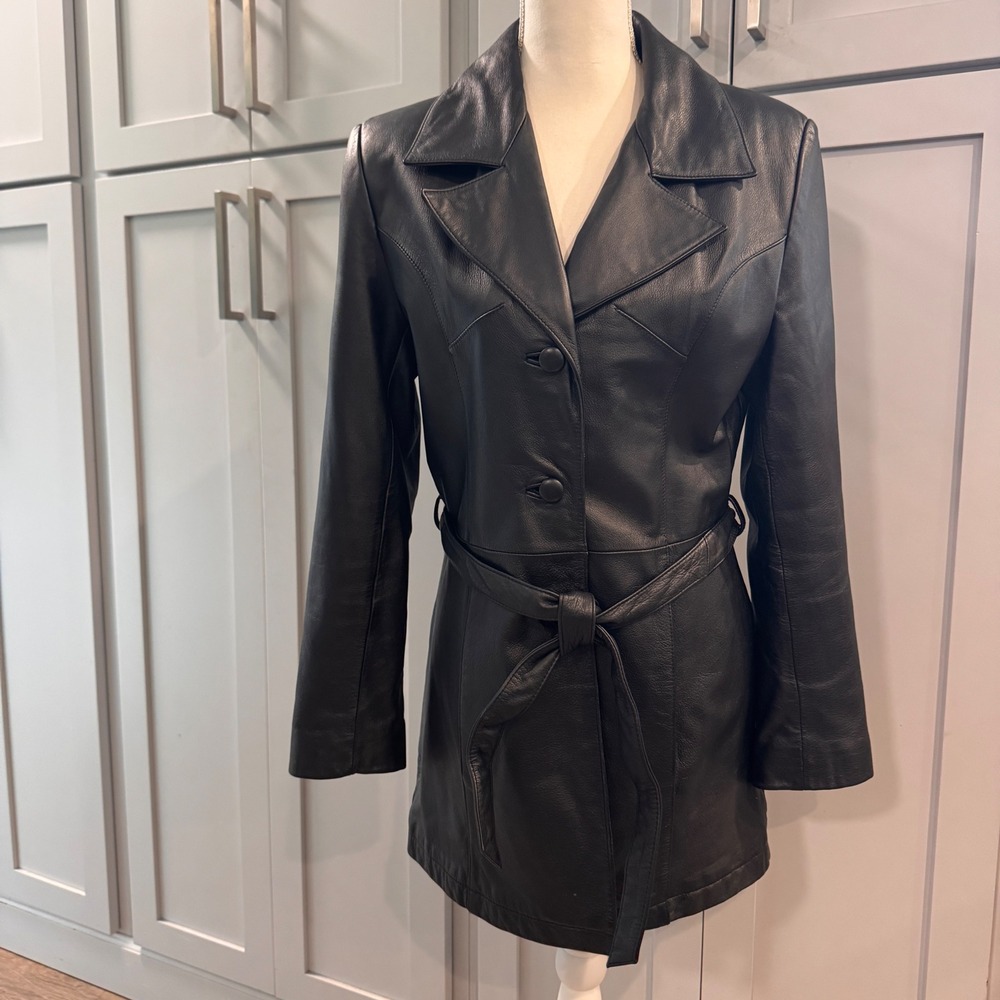 Wilsons Black Leather Belted Trench Coat Jacket Womens Medium